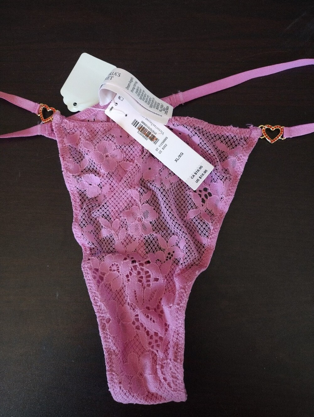 NWT Victoria's Secret Dream Angels Pink Lace Thong with Heart Accents XL
